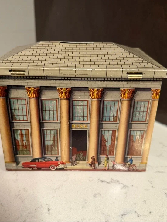 Vintage DBF Bank Biscuit Tin Money 1948 Louis Ruymen House Shaped With Key - Picture 4 of 8